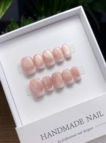 10 Pieces Of Pure Handmade Wearable Nails With Short Square Nail Shape, Hand-Painted Pink Cat Eye French Nails, High-Quality Simple Design Nails,2K Nails, Unique And Niche Creative Fake Nails, Cute Modern Style Nails, Daily Use, Summer And Spring Nails, Detachable Wear And Reusable, Press Nails Hand-Made,-Pressed Nails. Press On Nails Nail Supplies Nails - Multicolor - View 5