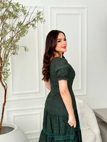 Lese 100% Cotton Midi Dress Square Neckline Beautiful Women's Short Sleeve Formal Lined Elegant Casual - 軍綠色 - 查看 3