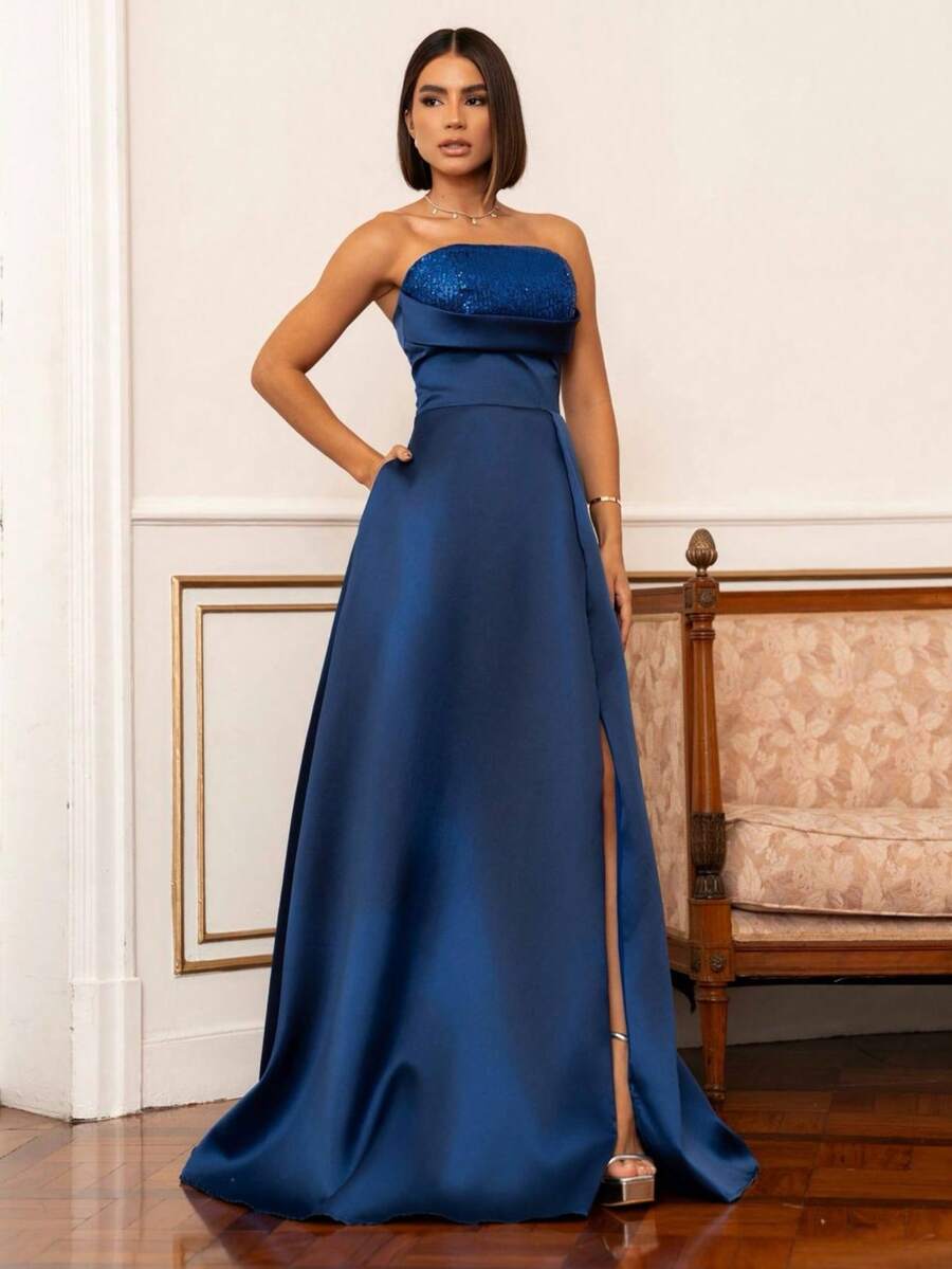 LONG WEDDING PARTY DRESS FOR GODMOTHER, STRAP-FIT, SATIN WITH SEQUINS - ROYAL BLUE - View 1