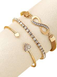 Set de 3 brazaletes elegantes y retro con cristales . Incluye pulseras ajustables con forma de corazón y símbolo del infinito. Brazaletes de aleación abiertos, adecuados para uso diario y como regalo. Colección de joyas para todas las estaciones, apropiada para uso diario de la mujer, regalos festivos, para familia y amigos