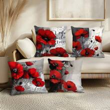 4pcs Pillowcase Set, Oil Painting Art, Large Red Peony And Other Decorative Patterns, Perfect Choice For Home And Outdoor Holiday Decoration, Single-Sided Printing, No Pillow Core