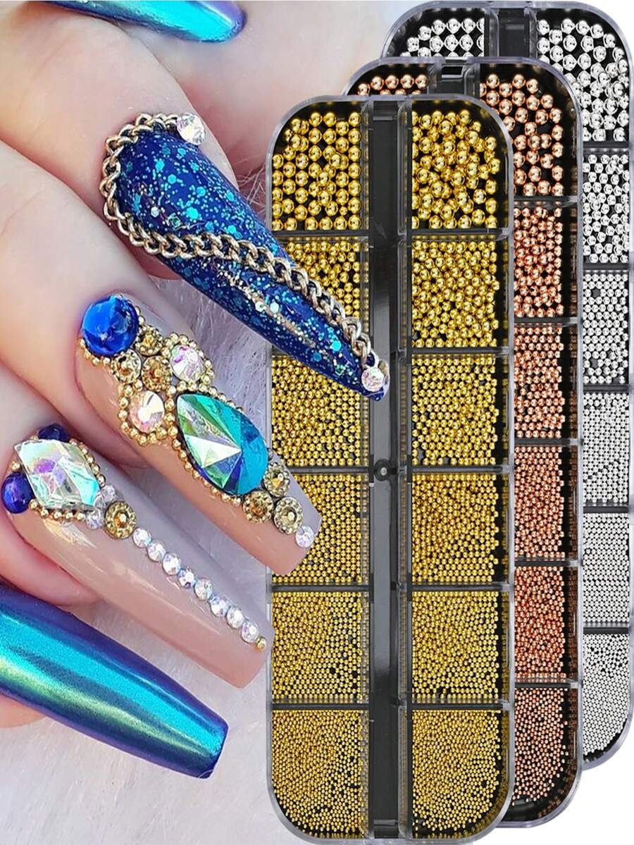 12 griglie/scatola Charm per unghie in metallo argento, oro e oro rosa, 6 dimensioni di perline di lusso piccole in acciaio per decorazioni di unghie, chiodi d'arte, accessori per unghie, gemme per unghie fai-da-te - Multicolore - Visualizzare 1