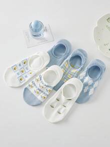 6 Pairs Of Women's Socks, Light Blue Fresh Geometric Floral Women's Boat Socks, Low Top Invisible Socks, Daily Casual Wear