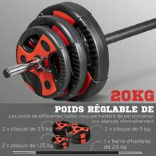 SPORTNOW Ensemble d'haltère 20 kg, kit barre de musculation pavec oignée antidérapante, exercices de fitness entraînement à la maison et gym, poids réglable, charge max. 50 kg, noir - Noir - Voir 3