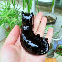 1 件天然黑曜石斜倚猫、石英猫、水晶动物饰品、石英雕刻、男女礼物、水晶疗愈、手工制作（尺寸可能有 1-3 毫米差异） - 黑色 - 查看 3