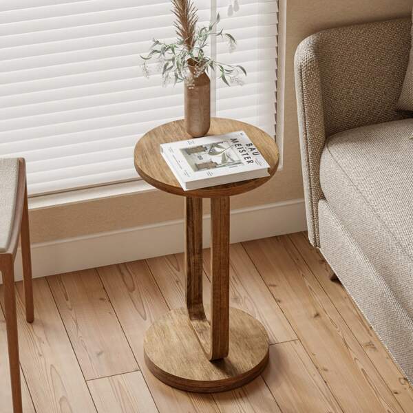 COZAYH COZAYH Farmhouse Round End Table, Minimalist Small Drink Table With Open Base, Boho Tall Plant Stand For Living Room Or Bedroom, Modern, Natural Wood Color
