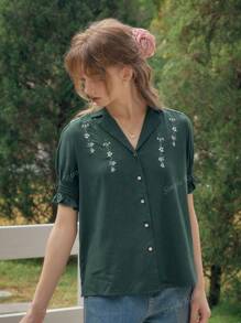 Simple Retro Blusa de verano con estilo retro elegante con botones encontrados, bordados y mangas cortas, para mujer, ideal para uso casual o de vacaciones durante la primavera y el verano