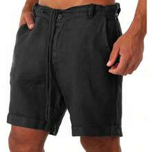 Men's Breathable Linen Beach Shorts, Summer Loose Men's Trousers - Hitam - View 4