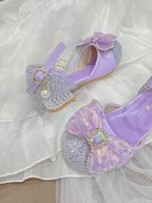 Scarpe con tacco alto e spesso per ragazze, con fiocco decorato con cristalli, luccicanti, adatte per principesse, occasioni di festa, multistag ione - Viola - Visualizzare 10