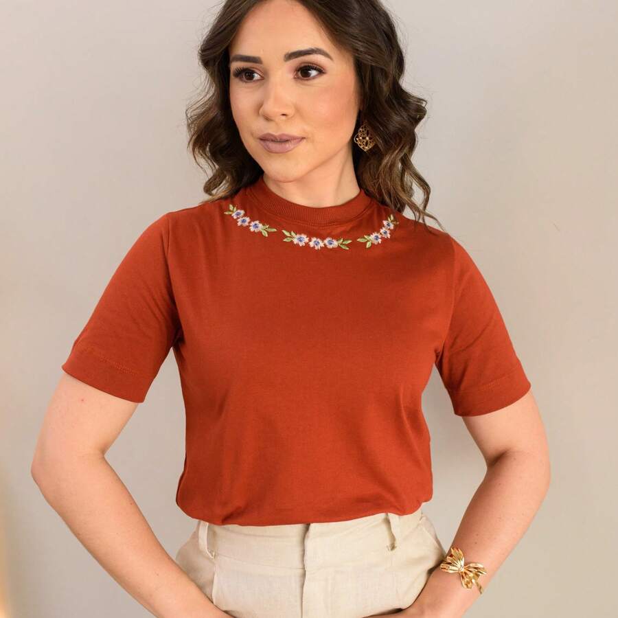 Women's Terra Cota Blouse Embroidery Floral Necklace On O-Neck Short Sleeve Fashion Casual Elegant Comfortable - 赤土陶 - 查看 1