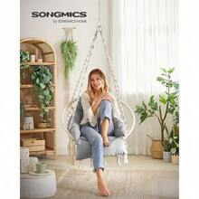 SONGMICS Hamaca Silla Silla Colgante Hamaca Colgante con Cojín Grande y Grueso Boho para Dormitorio Patio Balcón Jardín Sala de Estar Soporta hasta 120 kg a lanco Nube y Gris MGDC042G01 - BlancoNube+Gris - Ver 2