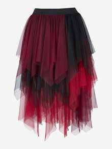 Skirts For Women,Renaissance Period Tulle Asymmetrical Skirt, Halloween Victorian Era Role-Playing Costume Layered Versatile Fairy Skirt High And Low Asymmetrical Hem Skirt Mesh Layered Skirt - Đen và đỏ - Xem 3