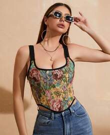 Womens Vintage 1920s Renaissance Lace Trim Corset Bustier, Retro Fashion - Bunga Hitam - View 2