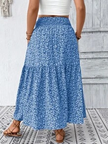 Plus Size Fall Blue Ditsy Floral Long Skirt For Women