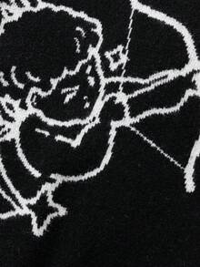 1pc Teen Boys Casual Outdoor Cool Fashion Angel Shooting Heart Jacquard Black Long Sleeve Sweater, Slouchy Crew Neck Knit Pullover, Warm & Thick, Suitable For Spring, Autumn & Winter