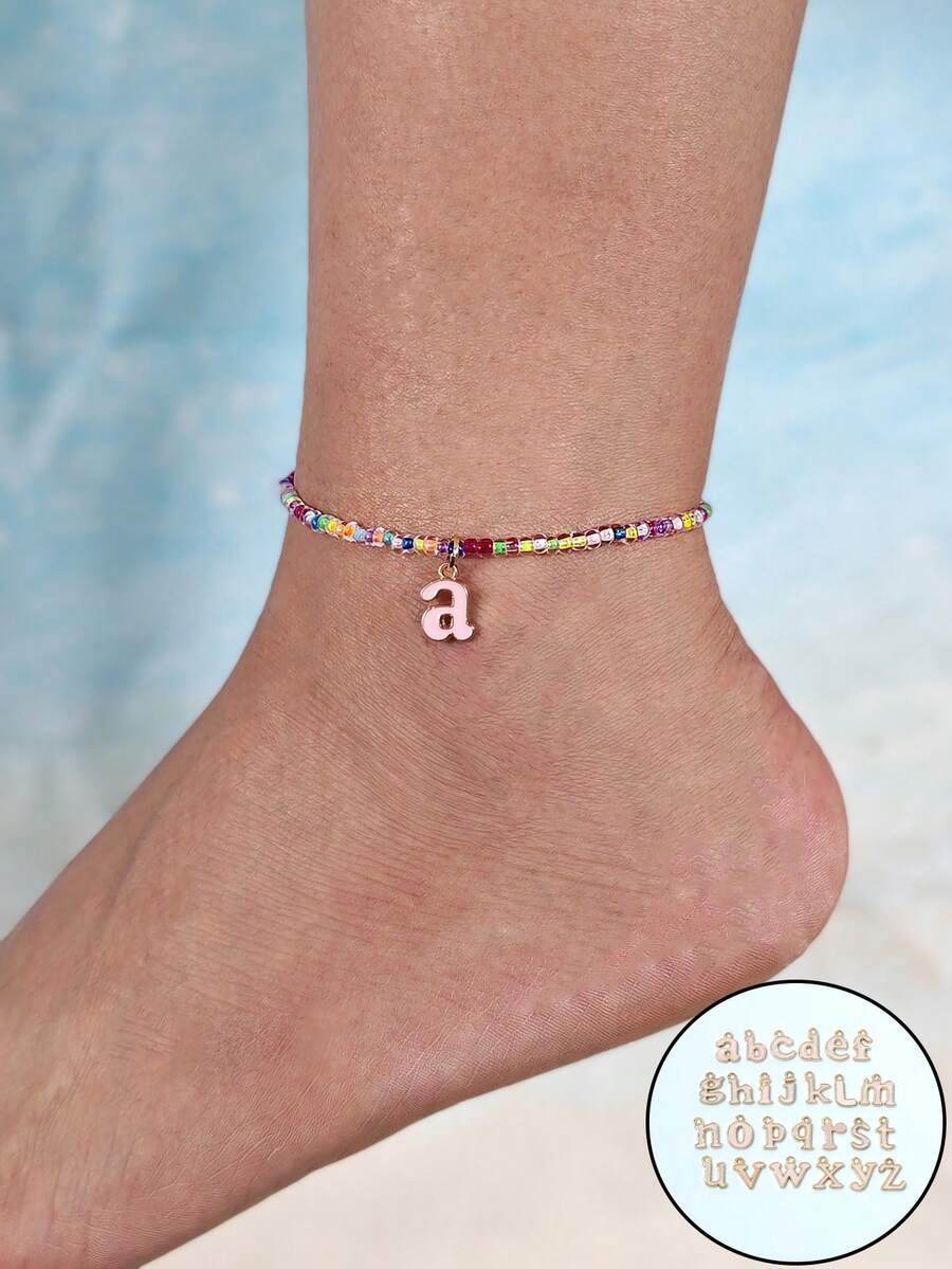 1pc Gradient Pink 26 Letters Pendant Beaded Colorful Plastic Bead Elastic Anklet, Suitable For Young Girls And Teens - Multicolor - View 1