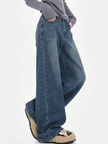 Teen Girl Retro American Style Loose Straight Leg Dark Blue Jeans, Snug Fit - Blue - View 7