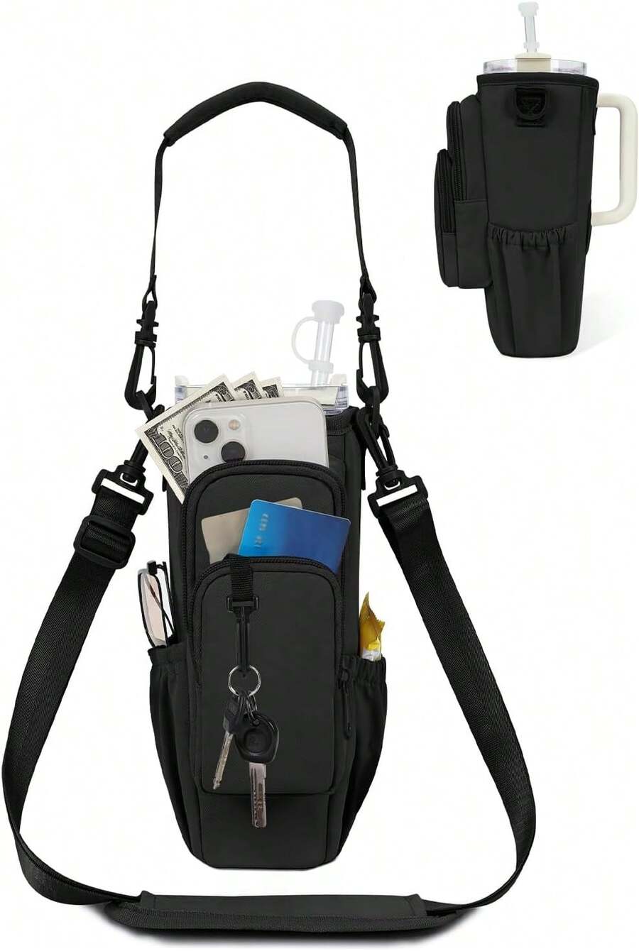 Water Bottle Carrier Bag With Phone Pocket For 30oz 40oz Tumbler With Handle Accessories Insulated Water Bottle Holder Pouch With Strap Water Bottle Sling Bag Crossbody With Straw Cover - Black - View 1
