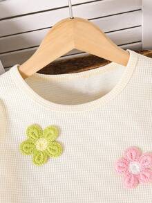 Tween Girls Floral Decor Fringe Hem Waffle Knit Sweatshirt And Ruffle Trim Straight Pants Set