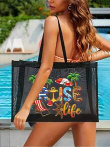 Túi lưới in chữ họa tiết Cruise Life, túi đi biển, túi đựng đồ, túi đựng mỹ phẩm, túi xách dung tích lớn, quà tặng cho bé gái, quà tặng Ngày của Mẹ, túi đựng đồ gấp gọn, thích hợp để đựng mỹ phẩm cá nhân khi đi du lịch, túi trang điểm du lịch, quà sinh nhật, dụng cụ trang điểm du lịch, quà tặng giáo viên, quà tặng cặp đôi, quà sinh nhật, đồ dùng cần thiết khi đi du lịch, đồ dùng cần thiết khi ở ký túc xá, đáp ứng nhu cầu đi lại hàng ngày, túi đồ dùng cần thiết cho mùa hè đi biển. - màu đen - Xem 2