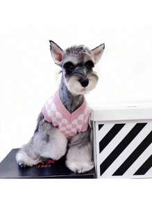 1pc Dog Plaid V-Neck Puppy Sweater, Pink/White Cat Knit Pet Clothes, Prevents Shedding, Suitable For Indoor/Outdoor Wear