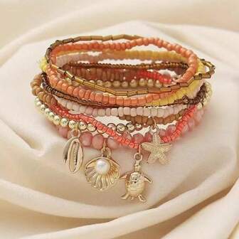 مجموعة أساور مزينة بالخرز ذات طابع العطلة البحرية، عناصر الديكور البحرية، للنساء هدية لصديقة/ رحلة شاطئية