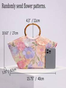 1 件花卉刺绣图案网眼手提包，复古竹柄沙滩包，大容量暑假海滩旅行休闲使用（花卉图案随机发送） - 彩色 - 查看 3