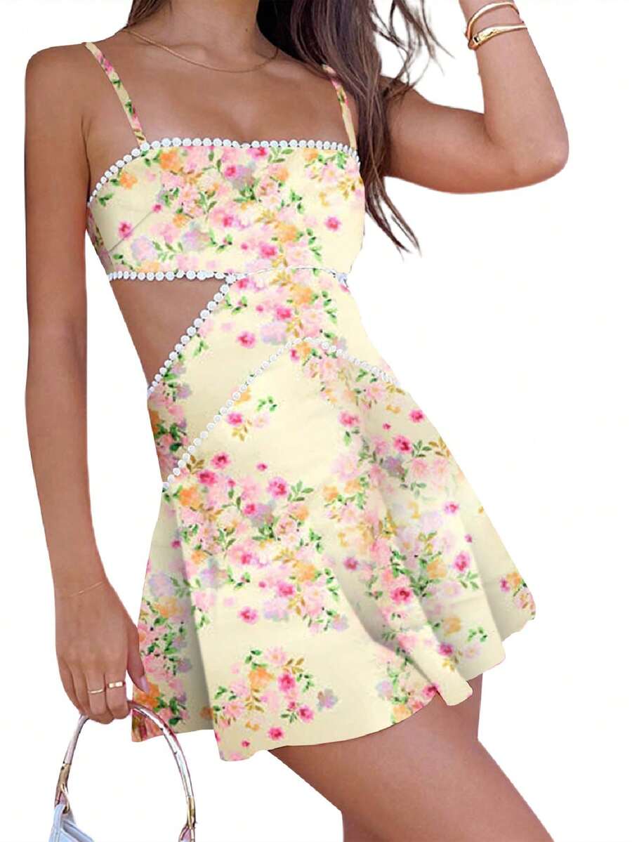 Women Boho Graphic Mini Cami Dress Spaghetti Strap Floral Short Dress Flowy Backless Sling Dress Summer Sundress - 黃色 - 查看 1