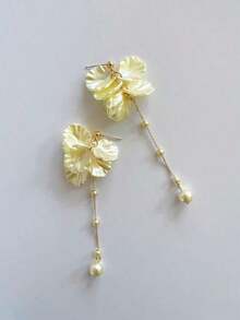 1 Pair Korean Ethereal Floral Petal Pearl Tassel Earrings, Elegant Girlish Cute Earrings - 白色 - 查看 5