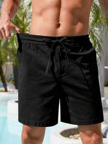 Men's Breathable Linen Beach Shorts, Summer Loose Men's Trousers - Hitam - View 9