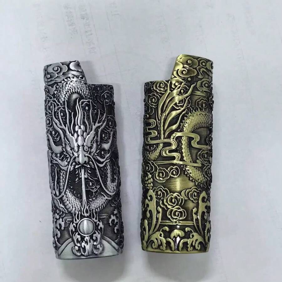 1 件复古金属龙浮雕打火机盒盖，适合 BIC J6 全尺寸打火机 - 时尚耐用防爆金属打火机盒，防风简约复古耐用 - 彩色 - 查看 1