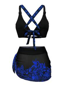 1 Set Women's 3 Pieces Bikini Tankini With Sarong Skirt, Retro Print Style, Tie Front, Slimming Silhouette, Fashionable Casual Swimwear - Royal Blue - View 3