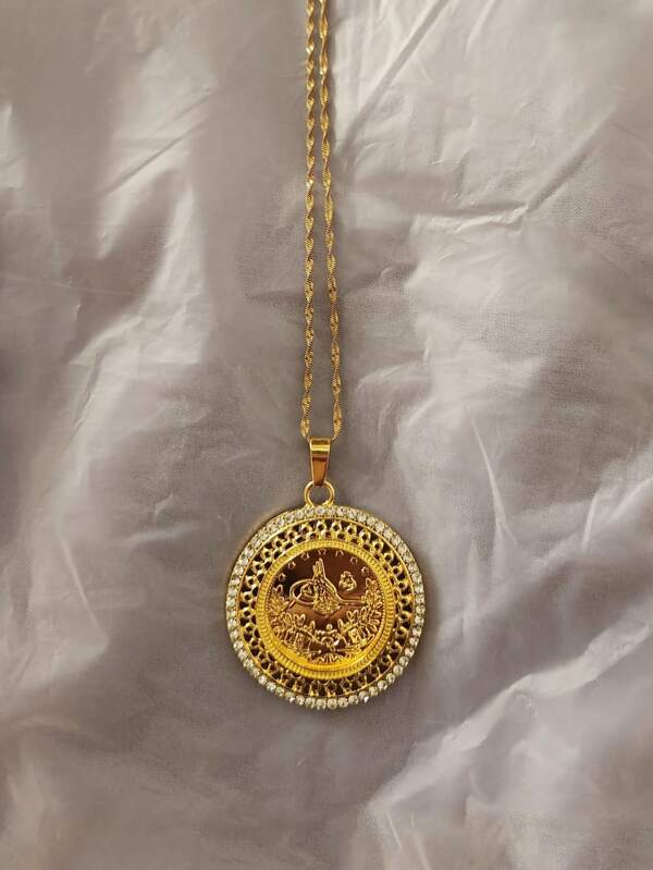 1 pieza Cadena de acero inoxidable enchapada en oro de 18k de 60cm con deslumbrante colgante de moneda dorada con cristales. Regalo elegante para musulmanes, de Oriente Medio, compromiso, boda, Día de la Madre