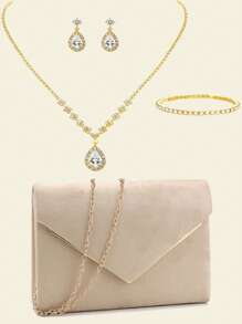 Glitter Women Clutch Purple Color Fashion Lady Evening Bags Party Wedding Chain Shoulder Envelope Design Shoulder Box Purse With Elegant Rhinestones Necklace Earrings Bracelet Jewelry Set For Wedding Bridal