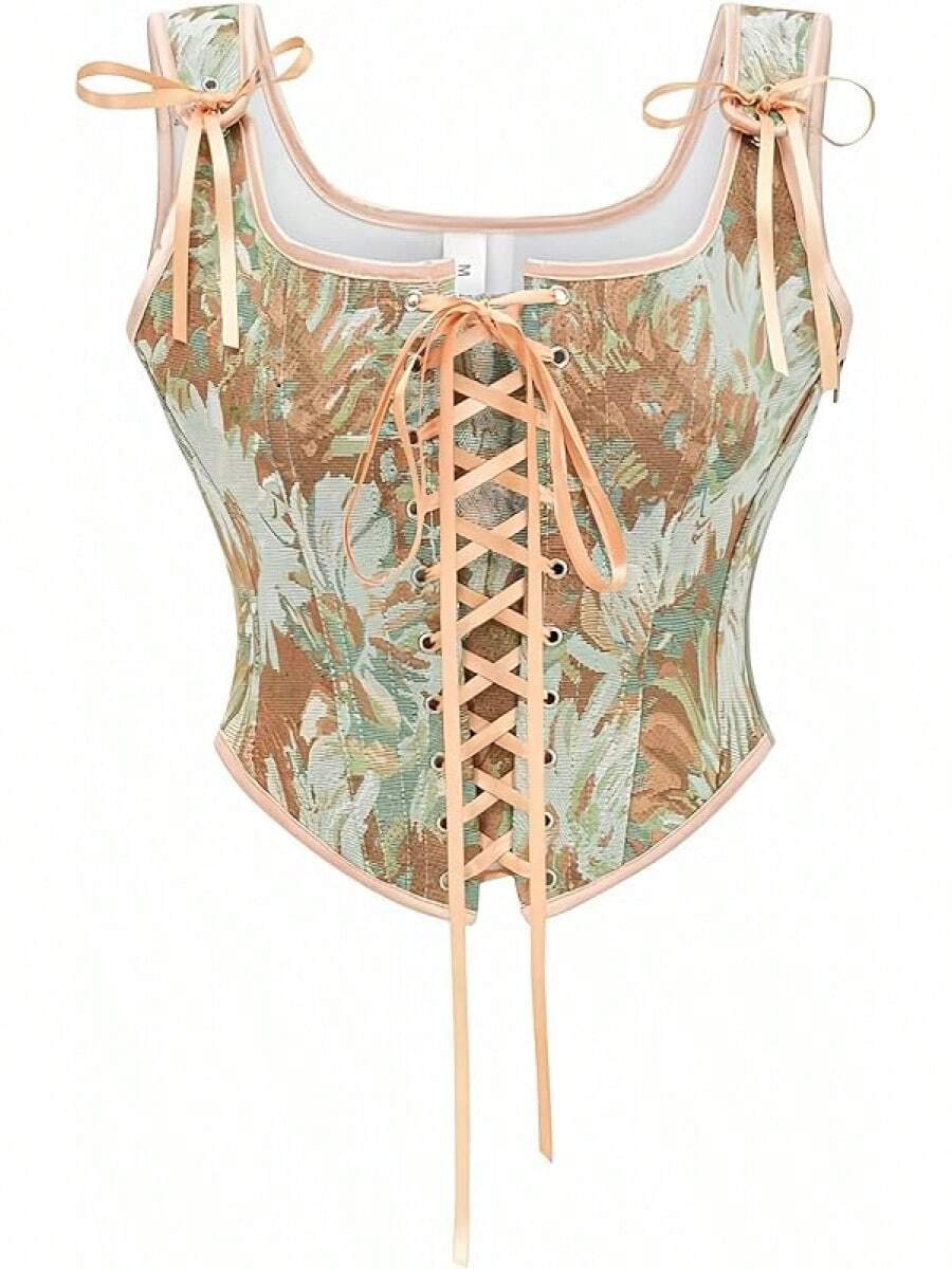 Womens Vintage 1920s Renaissance Lace Trim Corset Bustier, Retro Fashion - Cream Daisy - View 1