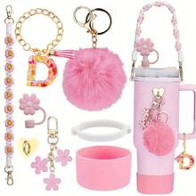 8 件适用于斯坦利杯装饰配件，8-9 毫米吸管盖，硅胶靴 30 40 盎司兼容斯坦利杯，女孩圣诞礼物，DIY 礼物创意装饰，感恩节装饰，朋友礼物装饰，圣诞派对装饰，适用于斯坦利配件，圣诞杯 - 粉紅色26字母 - 查看 20