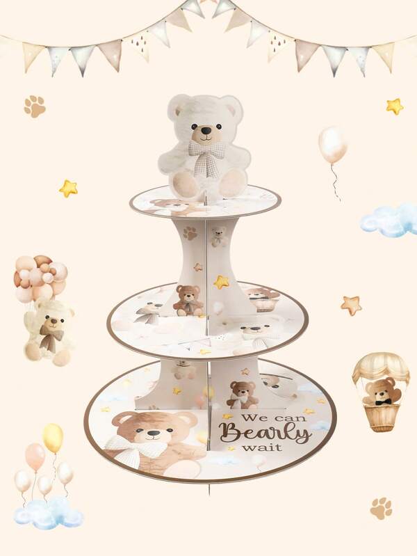 1 set, Exhibidor de pastel de varios niveles con tema de osito marrón para fiesta de revelación de género, soporte desechable para pastel con diseño de osito marrón lindo para fiesta de baby shower, soporte decorativo para pastel con oso marrón, bandeja para pastel de varios niveles para celebraciones de 1er cumpleaños, suministros para decoración de fiesta, decoración para baby shower y revelación de género, regalo de baby shower, pastel de postre no incluido