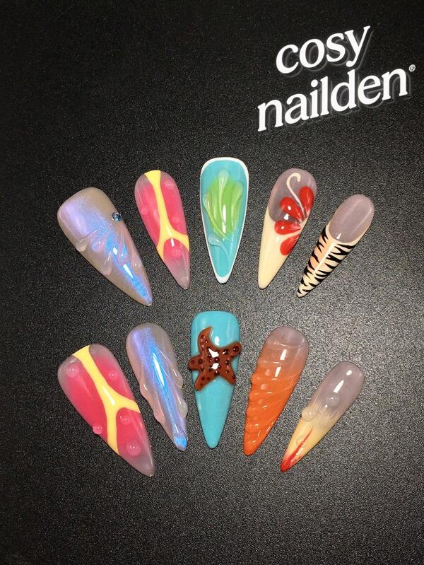 10-Piece 3.3 Slim Stiletto Pure Handcrafted Press On Nails For Summer Beach Manicure: Yellow French Style With Pink Blush Drip Dyeing, Yellow French Pink Gradient, Handcrafted Colorful Carvings, Aurora Powder, Hand-Painted Small Flowers, And Orange Gradient.