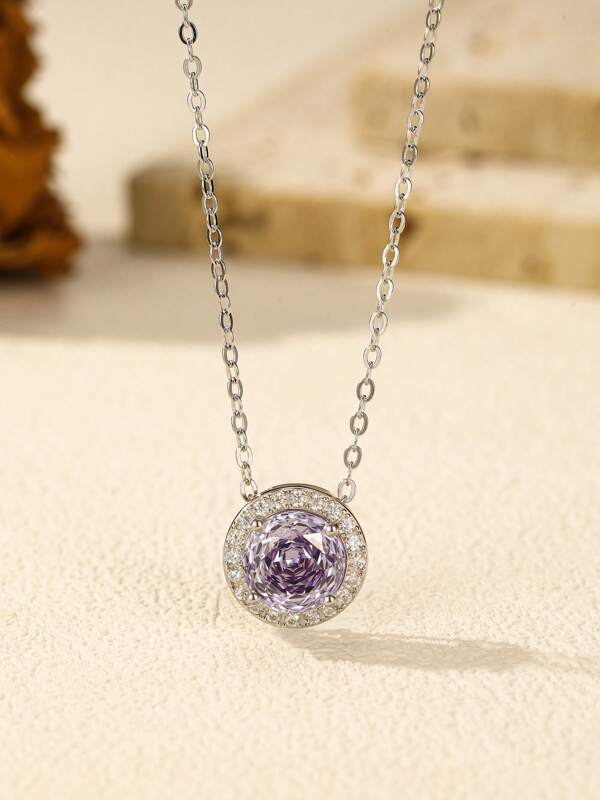MODIAN Collar MODIAN de plata de ley 925 con colgante de zirconia lavanda color rosa y corte redondo brillante para mujeres