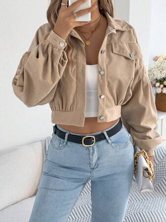 Casual Personalized Street Lantern Sleeve Corduroy Long Sleeve Short Jacket, Spring/Autumn