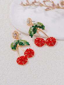 juran 一对水果樱桃水钻耳环，可爱趣味日常休闲佩戴耳环，女士礼物 - 紅色 - 查看 2