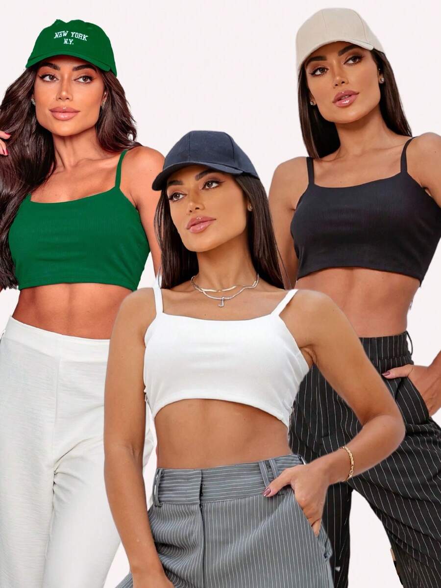Kit Of 3 Cropped Top Blouses With Ribbed Straps - ĐEN/TẮT/XANH LÁ - Xem 1