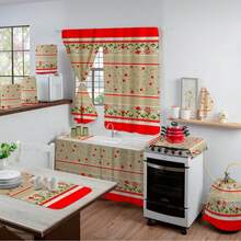 Complete Kitchen Set Kit 10 Pieces Printed With Table Runner - 紅色花卉 - 查看 1