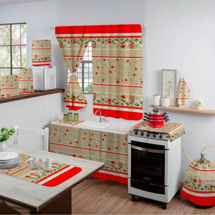 Complete Kitchen Set Kit 10 Pieces Printed With Table Runner - 紅色花卉 - 查看 1