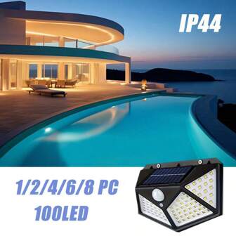 1/2/4/6/8pcs Solar Powered Outdoor Wall Lights, 100 LEDs Super Wide Angle Illumination, Wireless Design, Energy Saving Super Bright, Suitable For Backyard, Garden, Patio