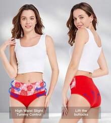 Women's Cotton High Waist Tummy Control Panties Jacquard Ladies Panty Multipack - Comfort - 簡報 04 - 5 件裝 - 紅色 - 查看 3