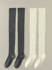 1 o 2 pares de calcetines hasta la rodilla para damas, calcetines gruesos blancos, calcetines largos hasta el muslo de color sólido a juego para botas
