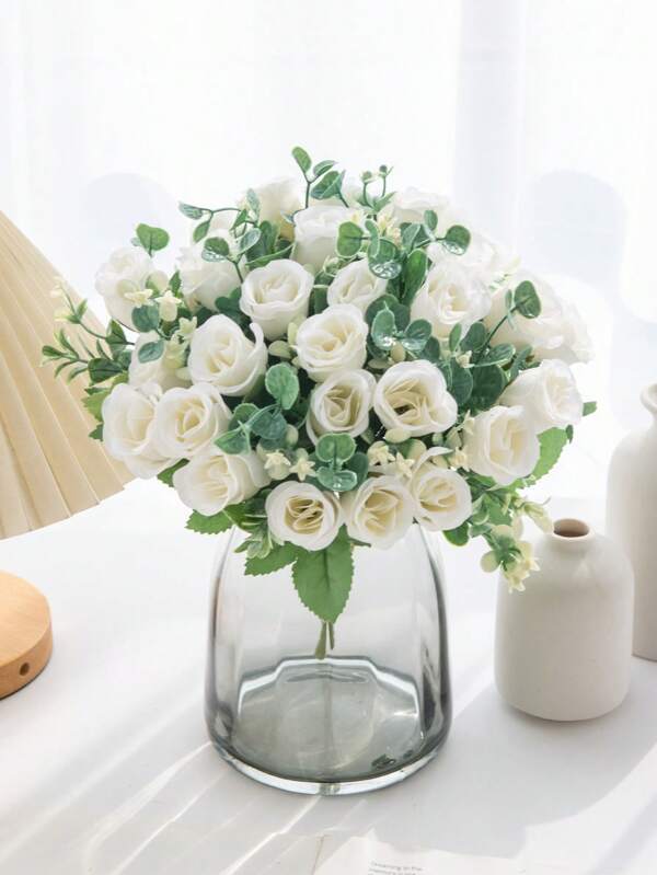 1PC(10 Heads) Artificial Roses Flowers Silk EUCALYPTUS Bouquet Gifts Wedding Decoration DIY Wreath Material, Bride Holding Wrist Flower Decoration Accessories, Wedding Car Decoration, Lintel Arch Decoration, Home, Dining Room, Bedroom, Vase Decoration, Birthday Party Decoration Materials New Year Gifts