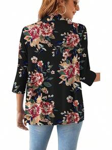 Lightweight Summer 3/4 Sleeve Cardigan Women Casual Draped Tie Front Cardigans Fall Shrugs High Low Hem - B03-棕花黑-3/4袖 - 查看 4