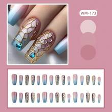 Uñas postizas cuadradas medianas con diseños de Glow Haven, uñas falsas acrílicas de longitud media con forma cuadrada, uñas en forma de ataúd cortas artificiales con encantos, adhesivo para uñas postizas para mujeres y niñas (CY1040) - Línea dorada y diamantes de imitación azules - Ver 2